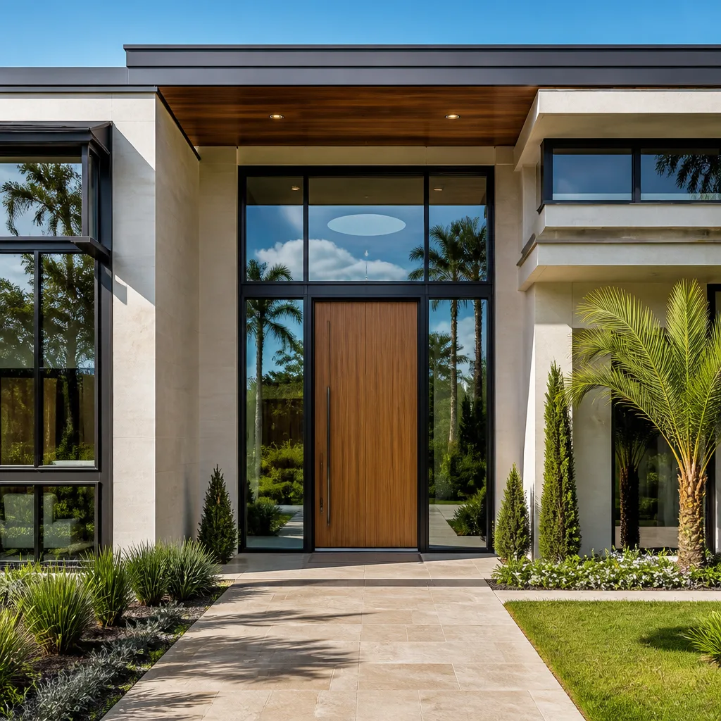 Modern wooden front door replacement with floor-to-ceiling glass sidelights