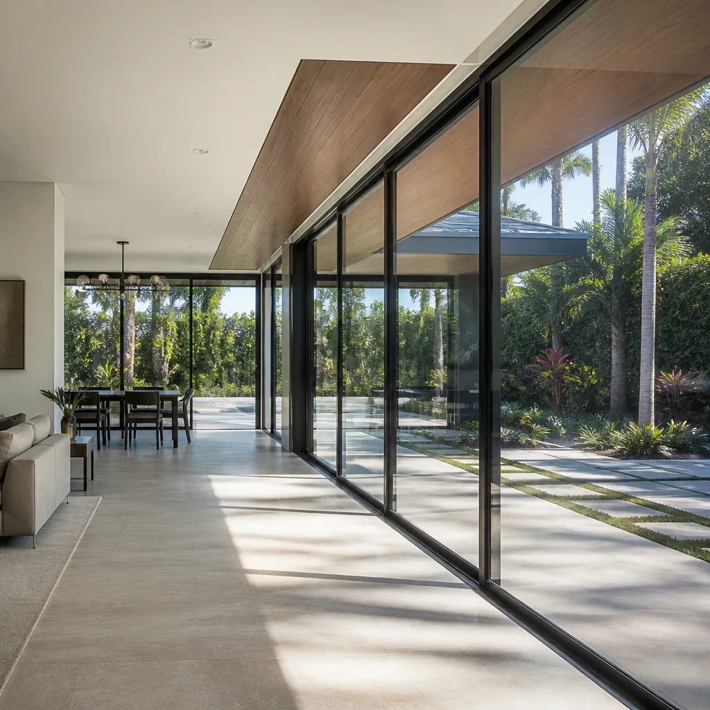 Modern floor-to-ceiling glass sliding door installation in luxury home