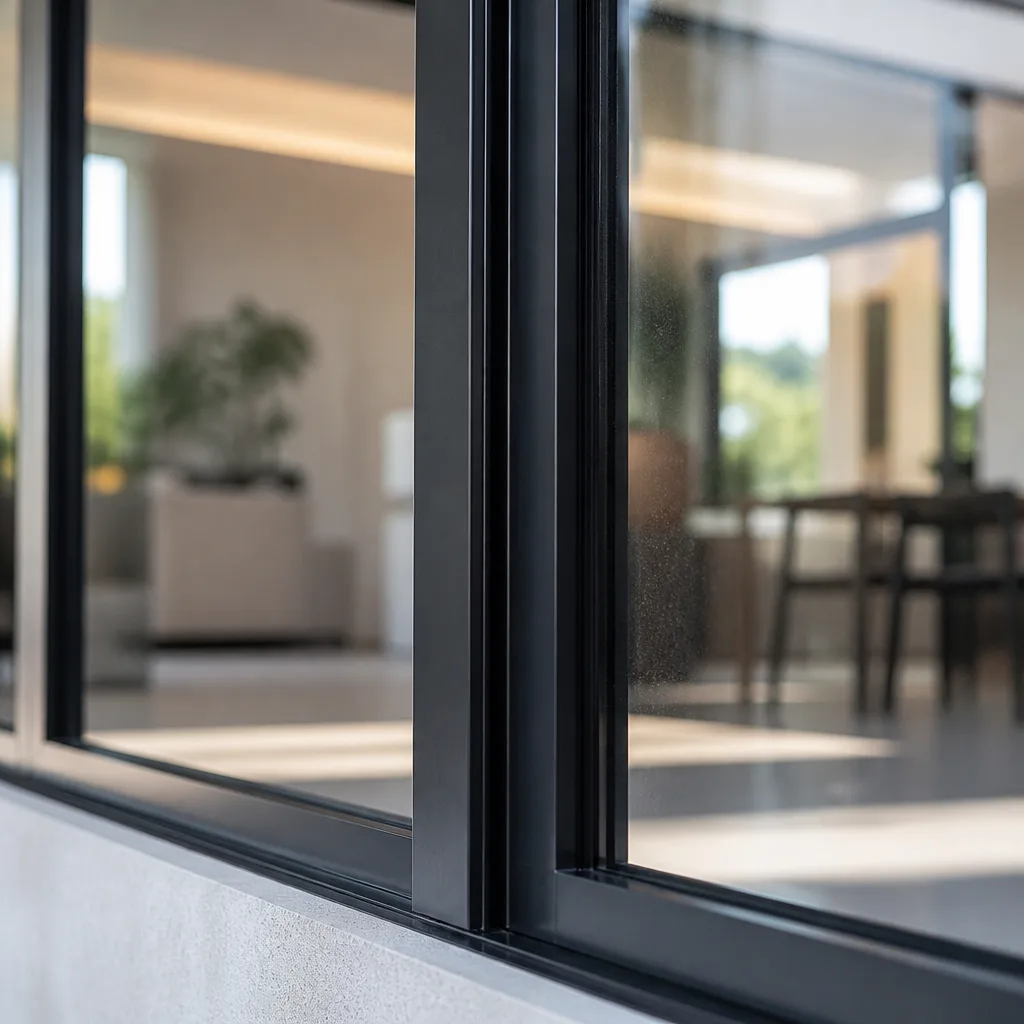 Modern black framed window and door installation in a contemporary home.