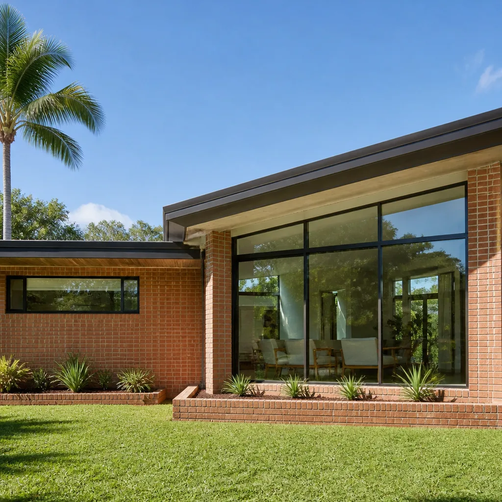 Modern home exterior with large floor-to-ceiling glass window replacement