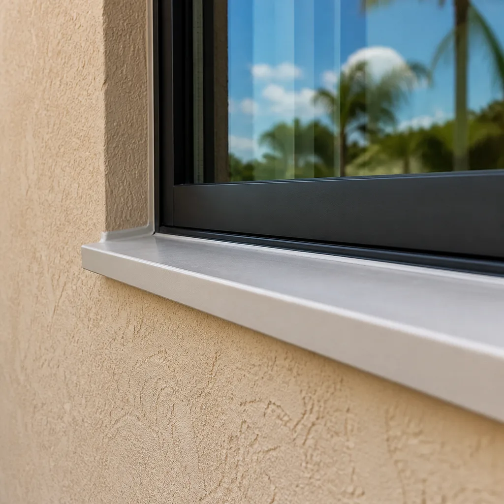 Close-up of a professionally installed modern window frame and sill.