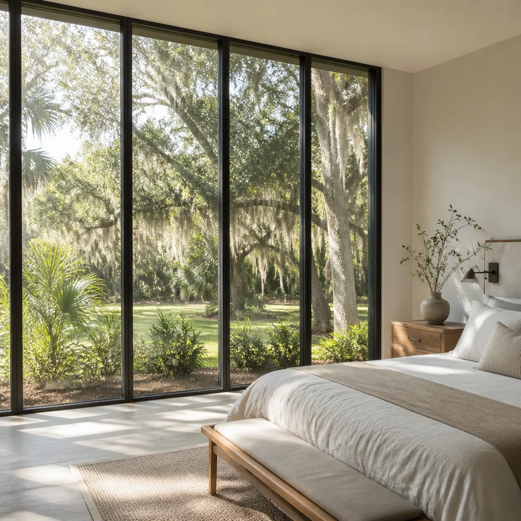 Modern floor-to-ceiling panoramic window installation in a bright bedroom